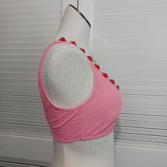 Betsey Johnson Scrunch Bunch Rose Bikini Top Pink Rosettes - Picture 8 of 11